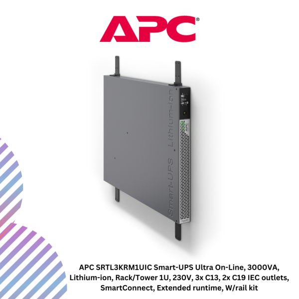 inc-25-27.png APC SRTL3KRM1UIC Smart-UPS Ultra On-Line, 3000VA, Lithium-ion, Rack/Tower 1U, 230V, 3x C13, 2x C19 IEC outlets, SmartConnect, Extended runtime, W/rail kit