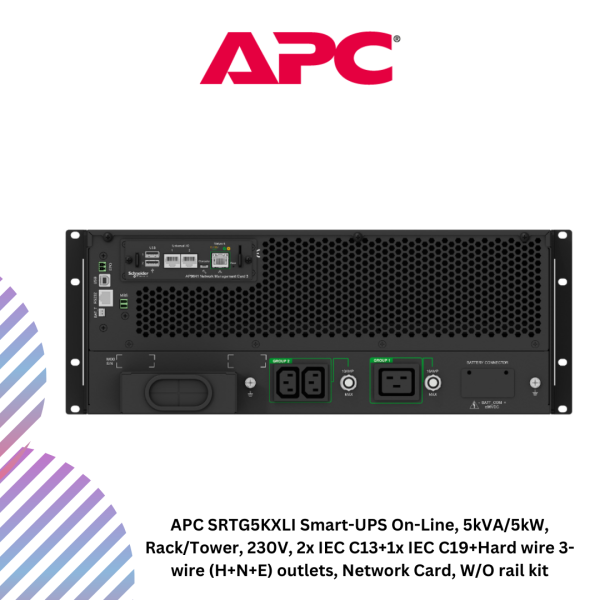 inc-25-36.png APC SRTG5KXLI Smart-UPS On-Line, 5kVA/5kW, Rack/Tower, 230V, 2x IEC C13+1x IEC C19+Hard wire 3-wire (H+N+E) outlets, Network Card, W/O rail kit