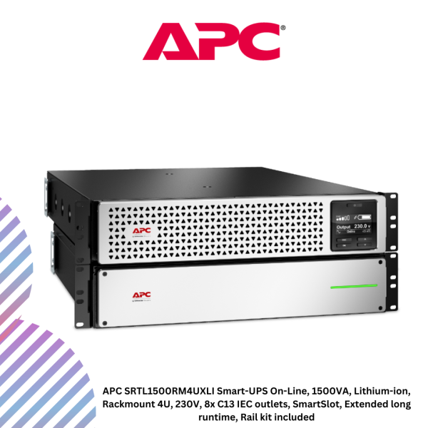 inc-25-4-1.png APC SRTL1500RM4UXLI Smart-UPS On-Line, 1500VA, Lithium-ion, Rackmount 4U, 230V, 8x C13 IEC outlets, SmartSlot, Extended long runtime, Rail kit included