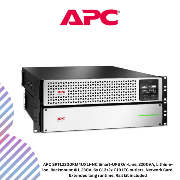 inc-25-7-1.png APC SRTL2200RM4UXLI-NC Smart-UPS On-Line, 2200VA, Lithium-ion, Rackmount 4U, 230V, 6x C13+2x C19 IEC outlets, Network Card, Extended long runtime, Rail kit included