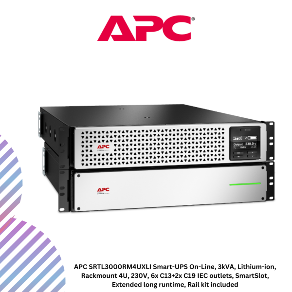 inc-25-8-1.png APC SRTL3000RM4UXLI Smart-UPS On-Line, 3kVA, Lithium-ion, Rackmount 4U, 230V, 6x C13+2x C19 IEC outlets, SmartSlot, Extended long runtime, Rail kit included