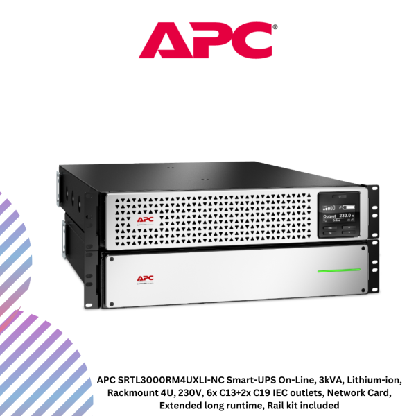 inc-25-9-1.png APC SRTL3000RM4UXLI-NC Smart-UPS On-Line, 3kVA, Lithium-ion, Rackmount 4U, 230V, 6x C13+2x C19 IEC outlets, Network Card, Extended long runtime, Rail kit included