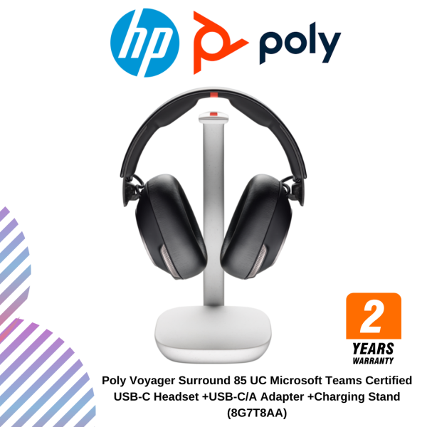 Poly Voyager Surround 85 UC Microsoft Teams Certified USB-C Headset +USB-C/A Adapter +Charging Stand (8G7T8AA)