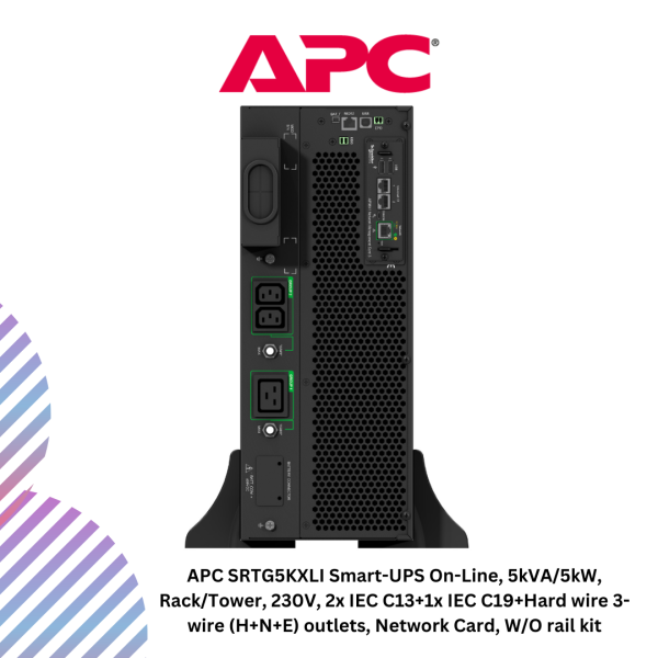 inc-26-27.png APC SRTG5KXLI Smart-UPS On-Line, 5kVA/5kW, Rack/Tower, 230V, 2x IEC C13+1x IEC C19+Hard wire 3-wire (H+N+E) outlets, Network Card, W/O rail kit