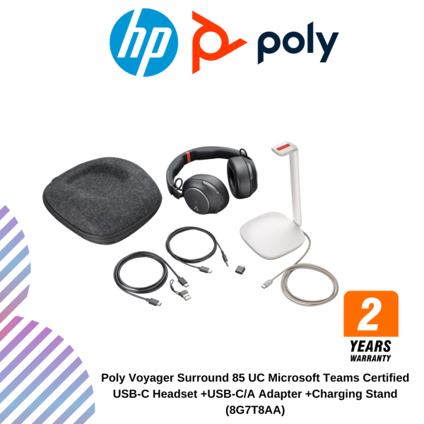 Poly Voyager Surround 85 UC Microsoft Teams Certified USB-C Headset +USB-C/A Adapter +Charging Stand (8G7T8AA)