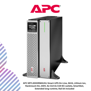 APC SRTL3000RM4UXLI Smart-UPS On-Line, 3kVA, Lithium-ion, Rackmount 4U, 230V, 6x C13+2x C19 IEC outlets, SmartSlot, Extended long runtime, Rail kit included