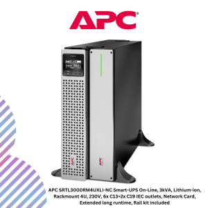 APC SRTL3000RM4UXLI-NC Smart-UPS On-Line, 3kVA, Lithium-ion, Rackmount 4U, 230V, 6x C13+2x C19 IEC outlets, Network Card, Extended long runtime, Rail kit included