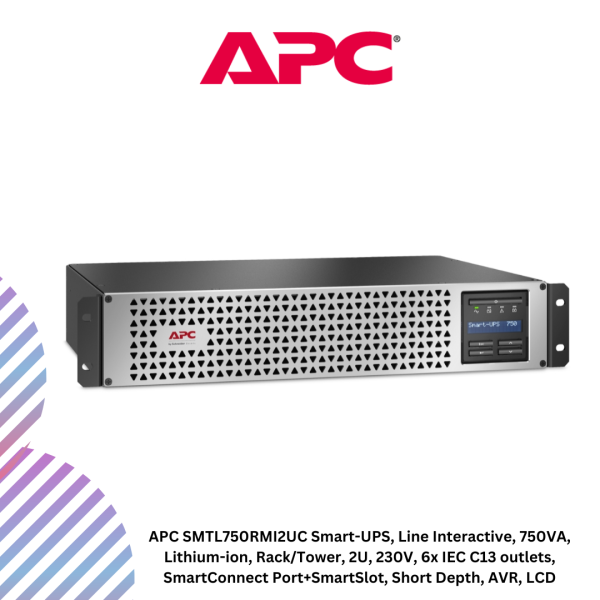 APC SMTL750RMI2UC Smart-UPS, Line Interactive, 750VA, Lithium-ion, Rack/Tower, 2U, 230V, 6x IEC C13 outlets, SmartConnect Port+SmartSlot, Short Depth, AVR, LCD