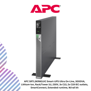 APC SRTL3KRM1UIC Smart-UPS Ultra On-Line, 3000VA, Lithium-ion, Rack/Tower 1U, 230V, 3x C13, 2x C19 IEC outlets, SmartConnect, Extended runtime, W/rail kit