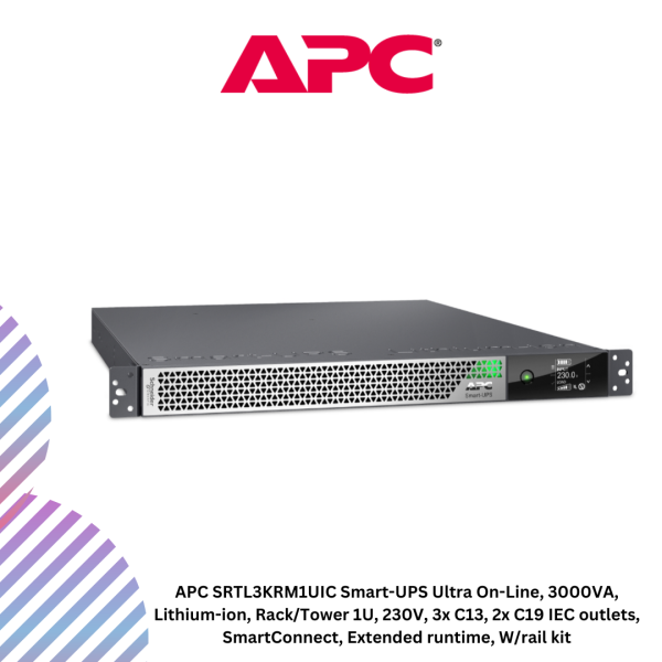 inc-29-5-2.png APC SRTL3KRM1UIC Smart-UPS Ultra On-Line, 3000VA, Lithium-ion, Rack/Tower 1U, 230V, 3x C13, 2x C19 IEC outlets, SmartConnect, Extended runtime, W/rail kit