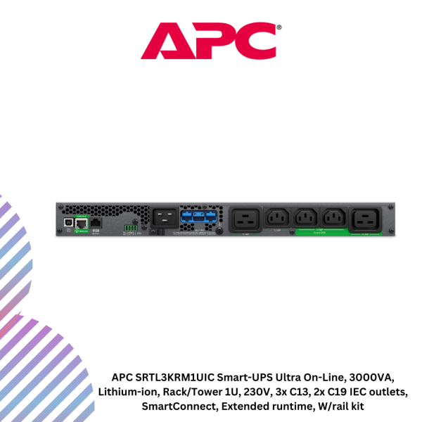 inc-30-3-1.png APC SRTL3KRM1UIC Smart-UPS Ultra On-Line, 3000VA, Lithium-ion, Rack/Tower 1U, 230V, 3x C13, 2x C19 IEC outlets, SmartConnect, Extended runtime, W/rail kit
