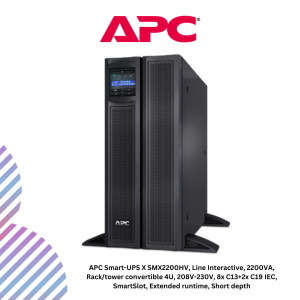 inc-6-6.png APC Smart-UPS X SMX2200HV, Line Interactive, 2200VA, Rack/tower convertible 4U, 208V-230V, 8x C13+2x C19 IEC, SmartSlot, Extended runtime, Short depth
