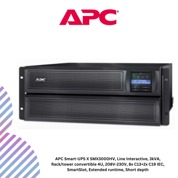 APC Smart-UPS X SMX3000HV, Line Interactive, 3kVA, Rack/tower convertible 4U, 208V-230V, 8x C13+2x C19 IEC, SmartSlot, Extended runtime, Short depth