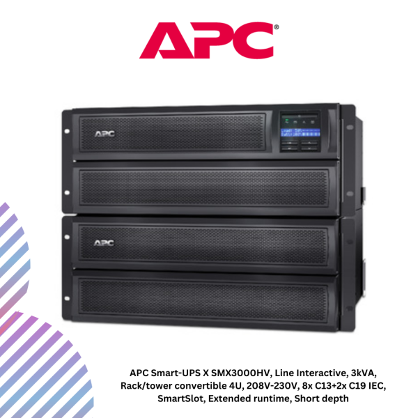 APC Smart-UPS X SMX3000HV, Line Interactive, 3kVA, Rack/tower convertible 4U, 208V-230V, 8x C13+2x C19 IEC, SmartSlot, Extended runtime, Short depth