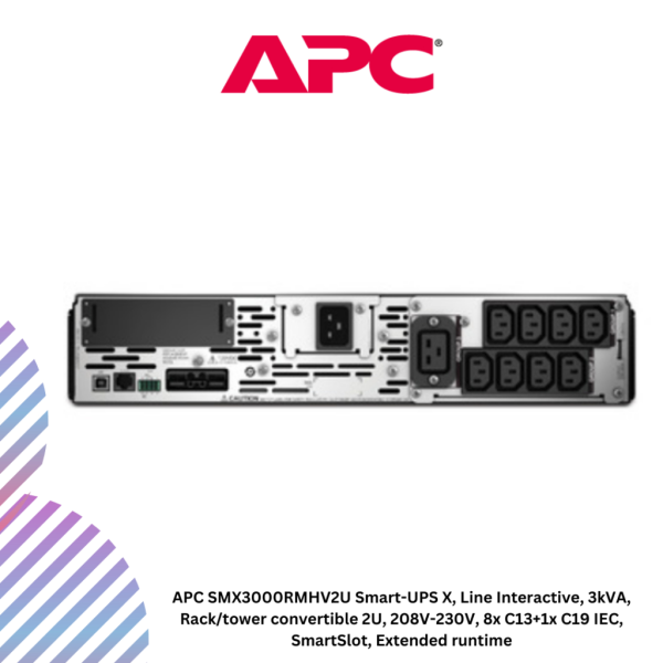 APC SMX3000RMHV2U Smart-UPS X, Line Interactive, 3kVA, Rack/tower convertible 2U, 208V-230V, 8x C13+1x C19 IEC, SmartSlot, Extended runtime