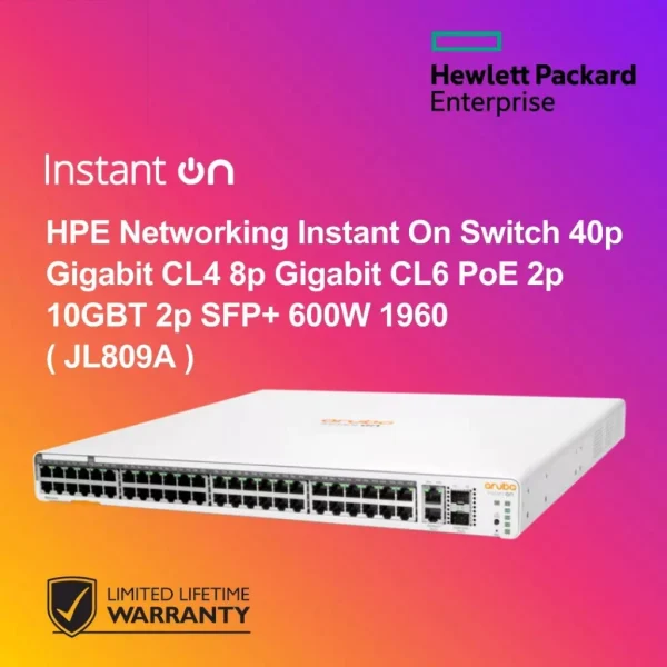 HPE Networking Instant On Switch 40p Gigabit CL4 8p Gigabit CL6 PoE 2p 10GBT 2p SFP+ 600W 1960 ( JL809A )