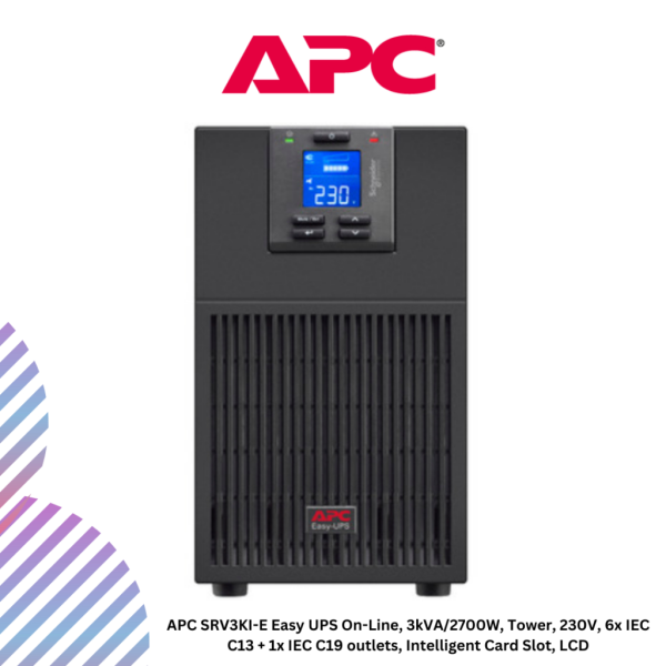 APC SRV3KI-E Easy UPS On-Line, 3kVA/2700W, Tower, 230V, 6x IEC C13 + 1x IEC C19 outlets, Intelligent Card Slot, LCD