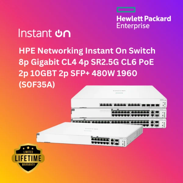 HPE Networking Instant On Switch 8p Gigabit CL4 4p SR2.5G CL6 PoE 2p 10GBT 2p SFP+ 480W 1960 (S0F35A)