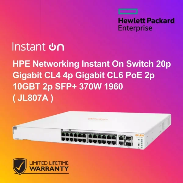 HPE Networking Instant On Switch 20p Gigabit CL4 4p Gigabit CL6 PoE 2p 10GBT 2p SFP+ 370W 1960 ( JL807A )