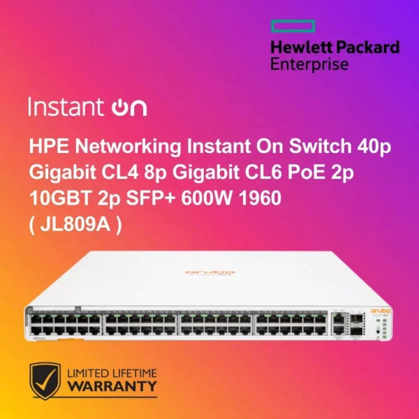 HPE Networking Instant On Switch 40p Gigabit CL4 8p Gigabit CL6 PoE 2p 10GBT 2p SFP+ 600W 1960 ( JL809A )