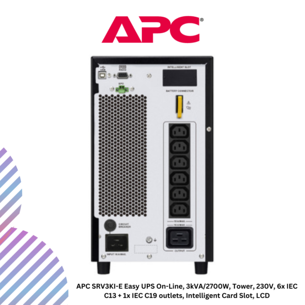 APC SRV3KI-E Easy UPS On-Line, 3kVA/2700W, Tower, 230V, 6x IEC C13 + 1x IEC C19 outlets, Intelligent Card Slot, LCD