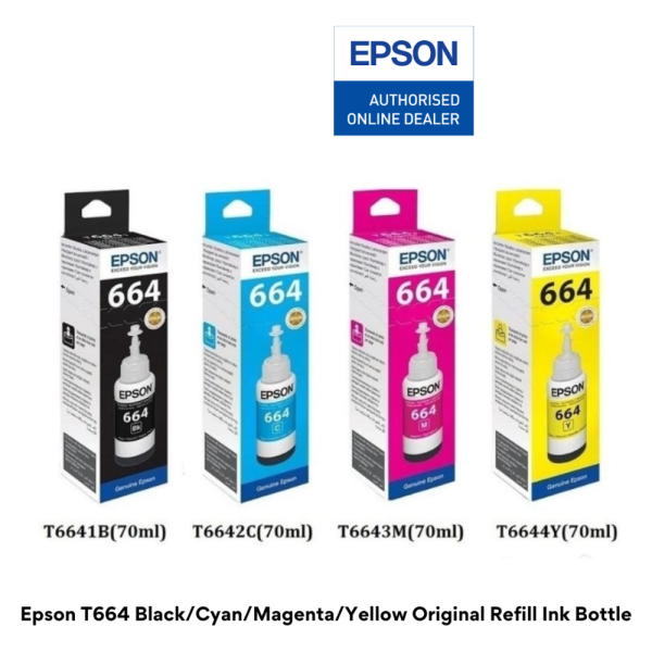 Epson T664 Black/Cyan/Magenta/Yellow Original Refill Ink Bottle (For L200/210/220/300/310/350/355/360/365/445/550/555/565/664) (Copy)