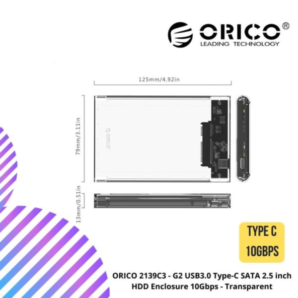 ORICO 2139C3 - G2 USB3.0 Type-C SATA 2.5 inch HDD Enclosure 10Gbps - Transparent